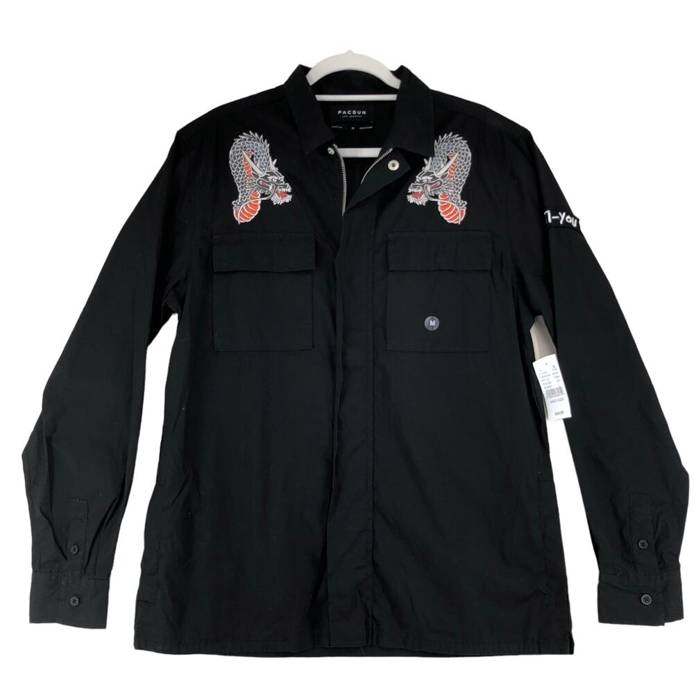 Pacsun Mens Sz M Full Zip Shacket Boxy Fit Embroidered Chinese Dragon Black NEW
